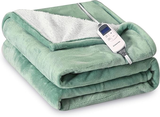 Heat Blanket 62”x84” Twin Size,Soft Flannel & Sherpa Reversible Electric Blanket with 10 Heat Settings,12 Timer Setting and 8 Hours Auto-Shut Off,ETL Certified Machine Washable,Green
