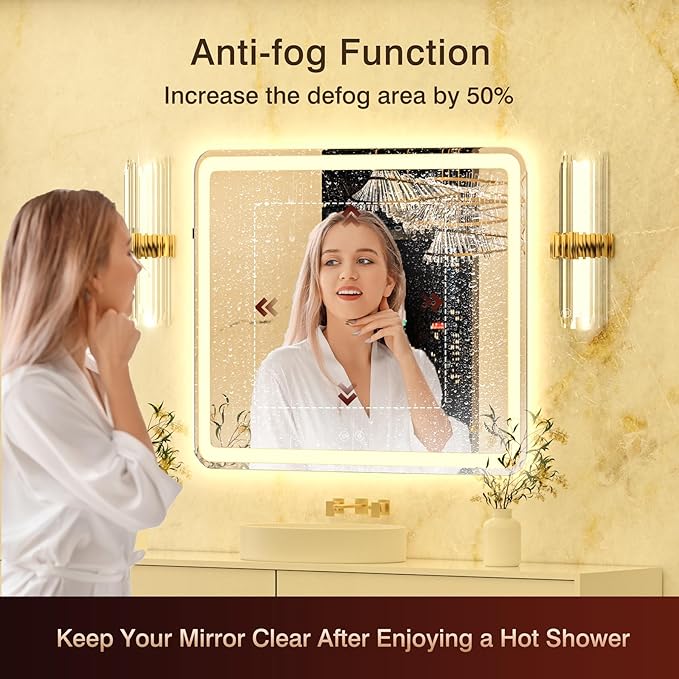 28x36 LED Bathroom Mirror, Lighted Bathroom Vanity Mirror with Stepless Dimmable, 3 Colors, Anti-Fog, Front and Back Lighted Mirror for Wall