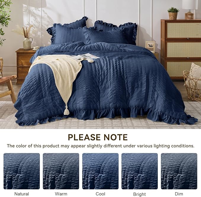 JOLLYVOGUE Navy Blue King Comforter Set, 3 Pieces Seersucker Comforters King Size, Lightweight & Fluffy Bedding Sets King for All Season with 1 Ruffle Comforter and 2 Ruffle Pillowshams