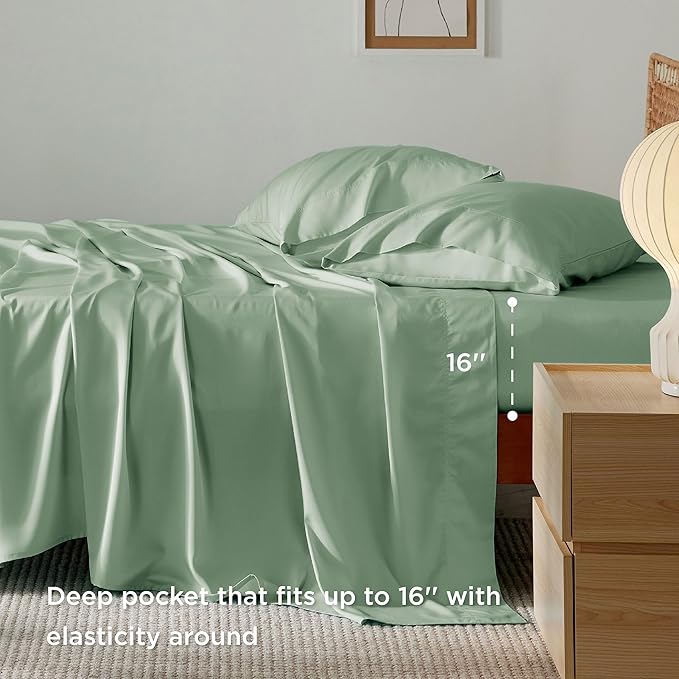 Bedsure California King Sheet Sets, Cooling Sheets, Rayon Derived from Bamboo, Breathable & Soft, Deep Pocket Up to 16 Inches, Hotel Luxury Silky Bedding for Hot Sleepers, Sage Green