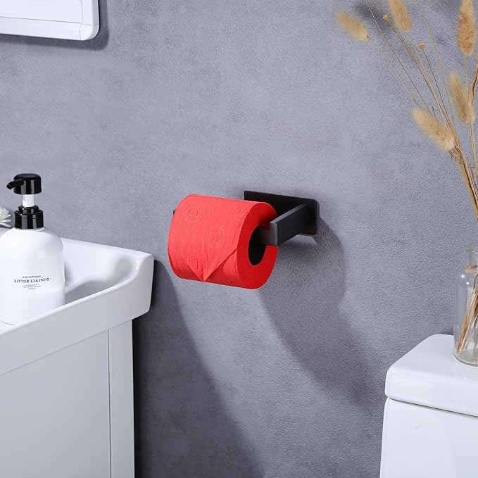 LANC Self-Adhesive Toilet Paper Holder, Matte Black Toilet Tissue Holder Wall Mounted for Bathroom Kitchen Stick On Paper Roll Holder with No Drilling Rustproof Stainless Steel, Left Rod A8307MB-LF