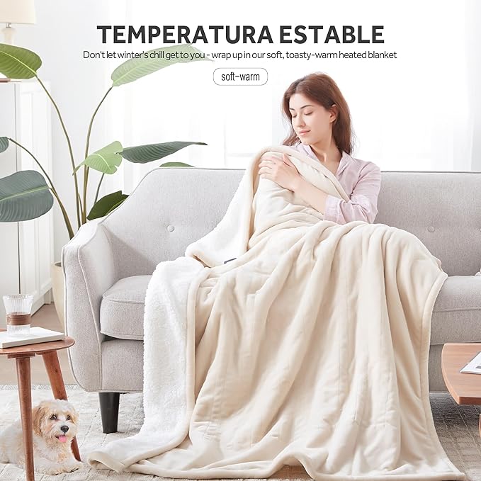 Heated Blanket Electric Blanket Full Size Soft Flannel Sherpa, 6 Heat Levels Fast Heating, 2 to 10 Hours Auto-Off Detachable Controller Machine Washable, Beige 72"x84"