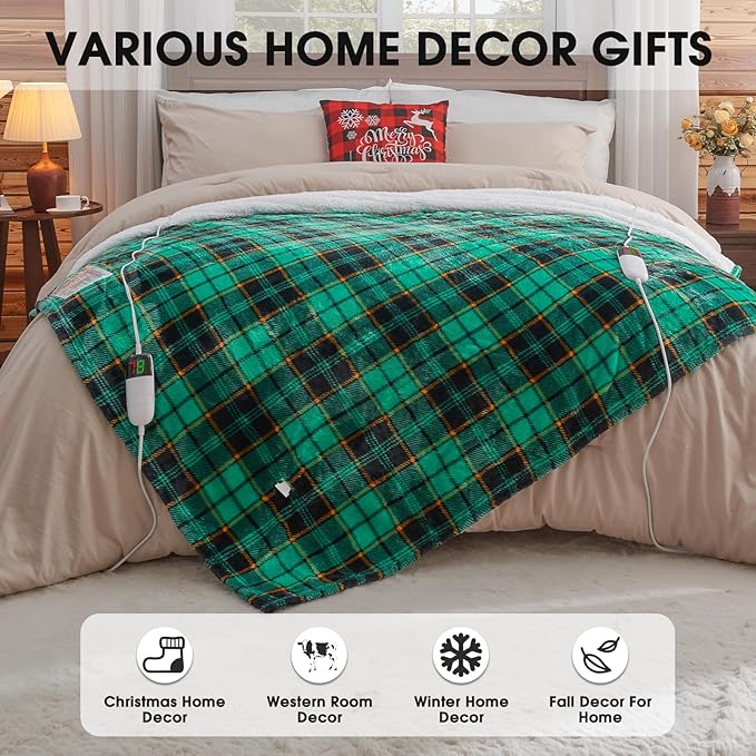 Electric Heated Blanket King Size, 90X100 Christmas Blanket with Dual Control&10 Heats Levels&Timer for Bed,Large Green Plaid Soft Sherpa Heating Blankets Warmer Gifts for Grandma Women Adults