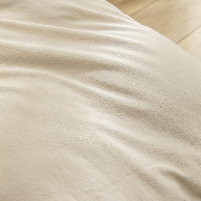 BESTOUCH Duvet Cover Set 100% Washed Cotton Linen Feel Super Soft Comfortable Chic Lightweight 3 PCs Home Bedding Set Solid Almond Milk Grey Super Queen