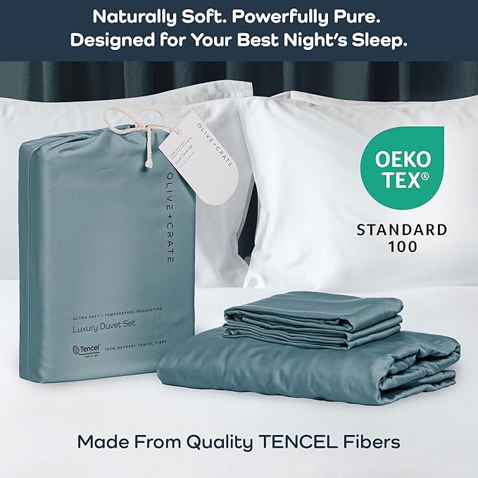 Olive + Crate Tencel Eucalyptus Cooling Duvet Cover Set - Hypoallergenic, Lyocell Tencel Duvet Cover - Temperature Regulating with Hidden Button Closure & Corner Ties - Oversized King [Basalt Blue]