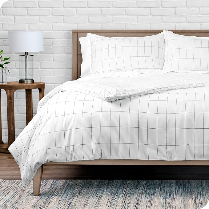 Bare Home Duvet Cover - Oversized Queen Size Bedding Set - Premium 1800 Super Soft Collection - Lightweight, Cooling - Soft Breathable Duvet Cover (Oversized Queen, Grid - White/Grey)
