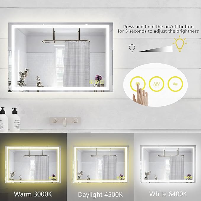 Wall-Mounted LED Square Bathroom Mirror, Makeup Mirror (36 inches x 24 inches,) 3 Color Stepless Dimmable Memory Bathroom Vanity Mirror with Lights CRI90+ 3000-6400K Smart Mirror with Touch