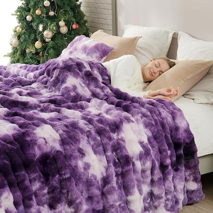 Cozy Bliss Faux Fur Throw Blanket for Couch, Bubble Plush Blanket King Size, Fuzzy Soft & Thick Blanket for Bed Sofa Living Room, 108x90 Inches Tie-dye Purple