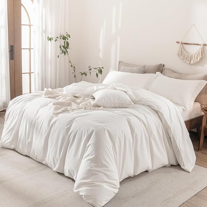 Off White Duvet Cover Super Queen Size 100% Washed Cotton Bedding Set Cover 1 Duvet Cover Zipper Closure and 2 Pillowcases, 98inchx90inch