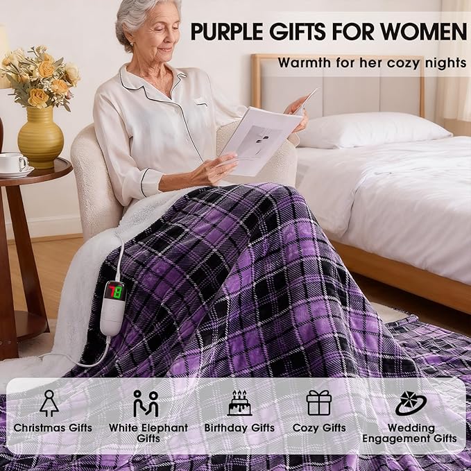 Heated Blanket Electric Throw, 50X60, Heating Throw with 10 Heating Levels & 8 Hours Auto Off, Purple Plaid Checkered Sherpa Blanket Warmer for Couch Bed Office, Gifts for Mom Women Grandma Home Decor