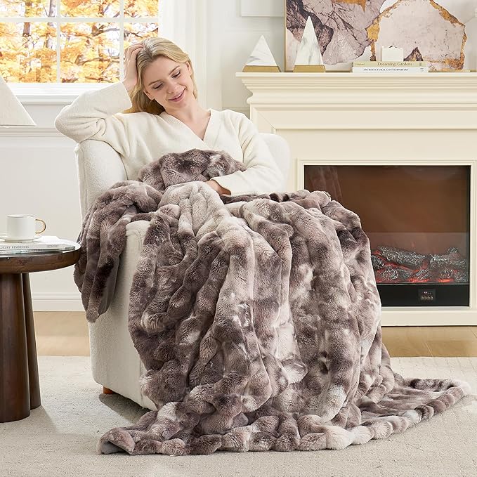 Cozy Bliss Faux Fur Throw Blanket for Couch, Fuzzy Soft Plush Thick Striped Blanket for Sofa Bedroom Living Room, 50 * 60 Inches Tie-dye Grey