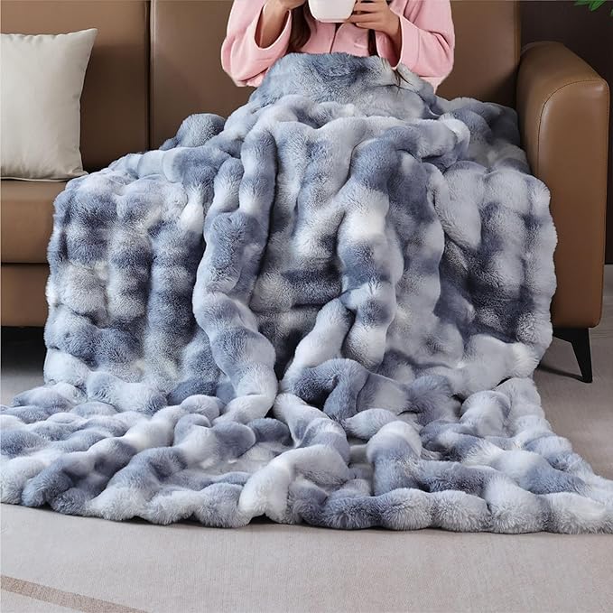 Faux Fur Soft Fluffy Tie-dye Blue Throw Blanket for Living Room Bedroom Couch 60X80 Fuzzy Bubble Thick Throw Blanket Decorative Blanket Home Decor 860 GSM