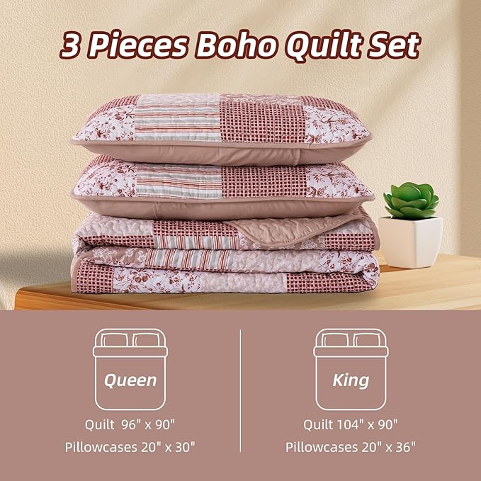 Mybedsoul Patchwork Quilt Set Queen Size, 3 Pieces Pink Floral Plaid Bedspread Coverlet Set, Reversible Soft Microfiber Bedding Set for All Season, Fall Winter Queen 90"x96"