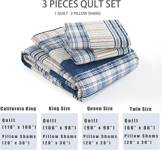 Homzard King Size Comforter Set - 100% Cotton Blue White Tan Quilt King Size,Farmhouse Plaid Striped Bedspread Set,Reversible Lightweight Quilts 3 Pieces