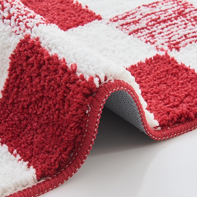 CozeCube Bath mats for Bathroom Non Slip, Fluffy Absorbent Microfiber Bath mat Washable, Aesthetic Bathroom Rugs, Cute Christmas Red Checkered Bath mat, Christmas Red, 32" x 20"