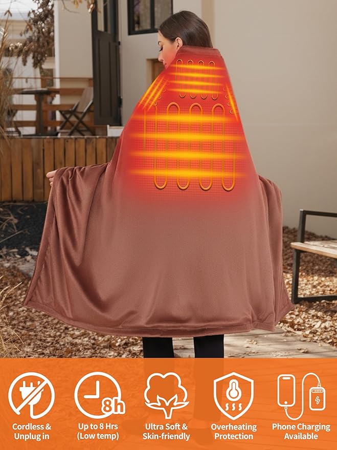Electric Heated Blanket Battery Operated, Portable Heated Shawl for Neck and Shoulders and Back, Heating Blanket with Zipper and Pockets, 20000mAh, 3 Heating Levels, up to 8 Hours