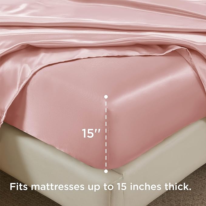 Bedsure Satin Sheets King Size - 4 Piece Silky Bedsheets with 15 Inches Deep Pocket Fitted Bedsheet,1 Flat Sheet, 2 Satin Pillowcases, Good for Hair & Skin (King, Blush Pink)