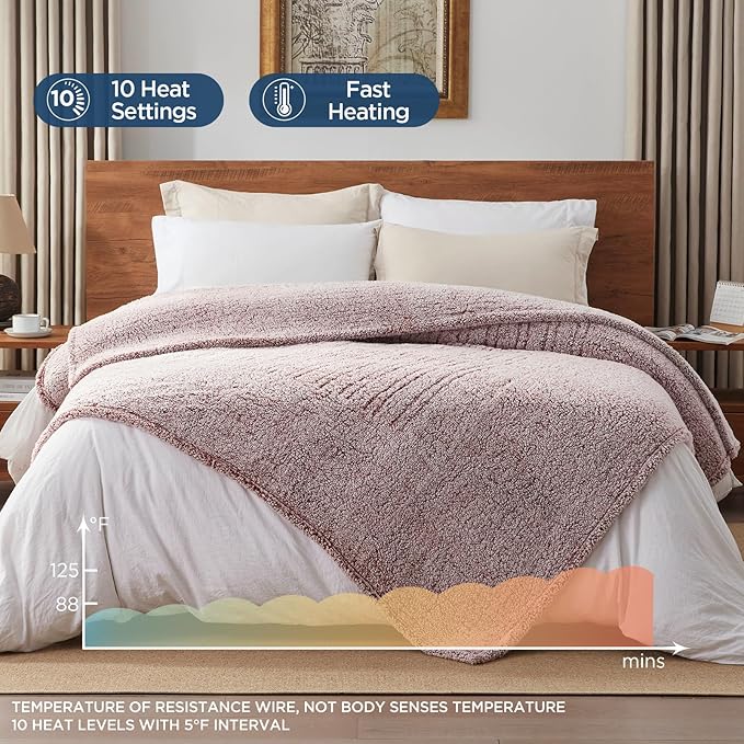 Westinghouse Electric Blanket Twin Size, Soft Plush Sherpa Heated Blanket with 10 Heating Levels & 1-12 Hours Auto-Off, Machine Washable, 62x84 inches, Rust