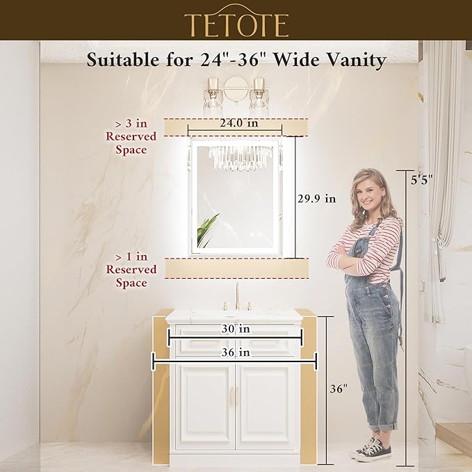 TETOTE Led Bathroom Mirror with Lights 24 x 30 Inch, Beveled Lighted Vanity Front and Backlit Anti-Fog Mirror Wall Mounted for Modern Bathroom, 3-Color Extra-Bright Lights, Tempered Glass
