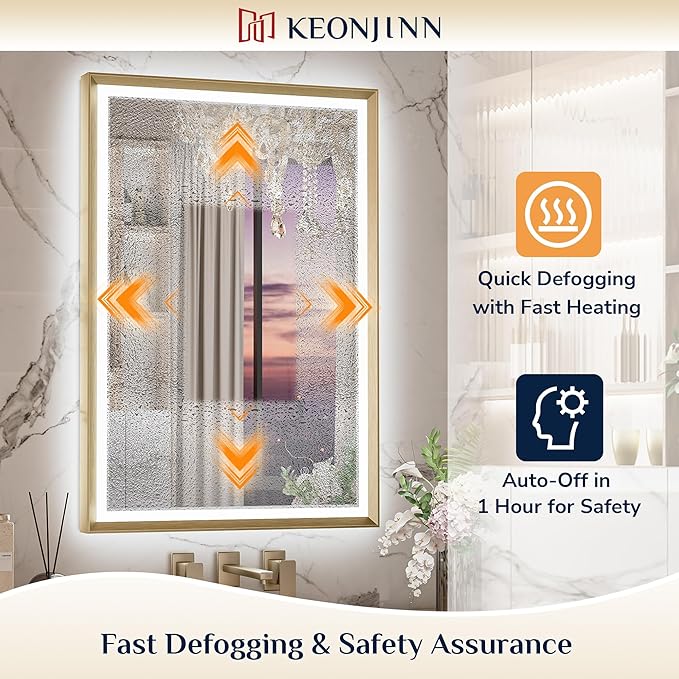 Keonjinn Gold LED Bathroom Mirror 20 x 28 Inch with Frontlit & Backlit, Lighted Mirrors Metal Framed for Wall, Stepless 3 Colors Lights, Anti Fog, Tempered Glass, Brighter and No Dark Corner