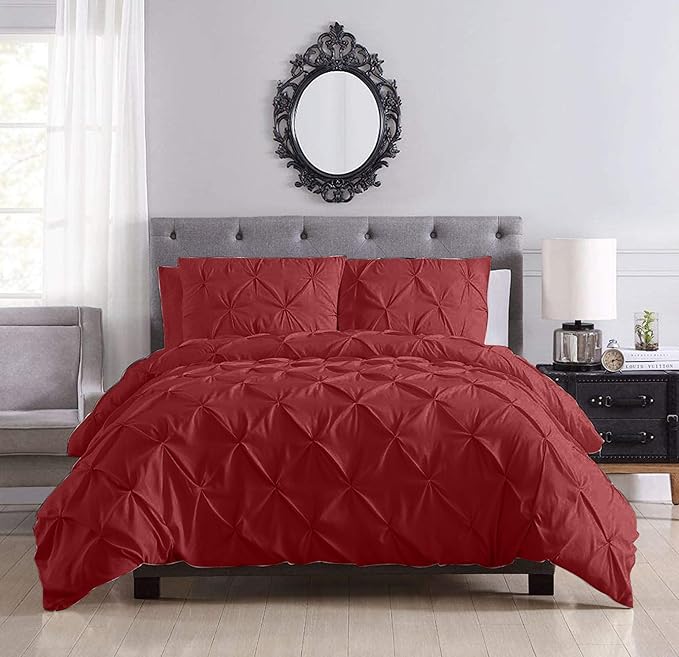 Pinch Pleated Duvet Cover Set 100% Brushed Microfiber 3PC Queen Size 90x90 Duvet Cover Set, Decorative Pinch Design Burgundy Duvet Cover with Matching Pillow Case