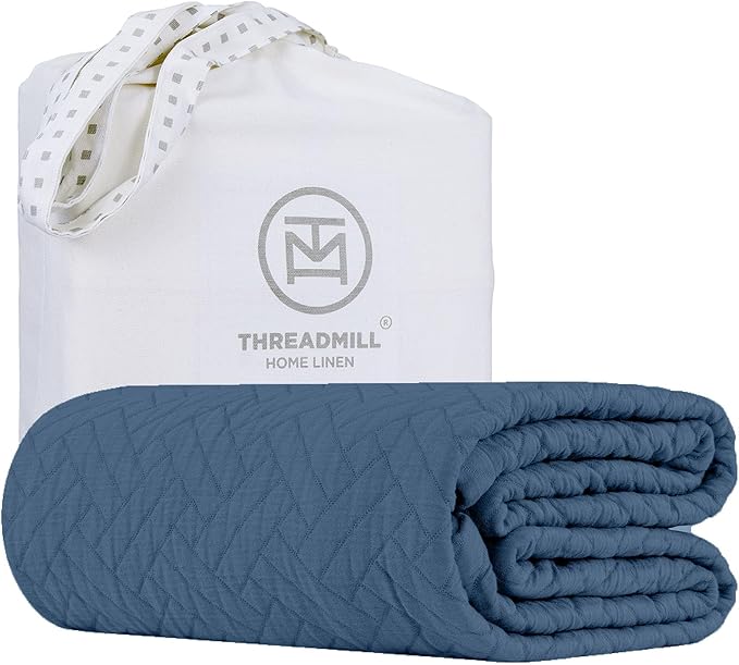 Threadmill Luxury Cotton Blankets for Twin Size Bed | All-Season 100% Cotton Twin Blanket for Bed | Criss Cross Jacquard Lightweight, Soft & Cozy Coverlet, 350GSM, 68x90 inches | Folkstone Blue