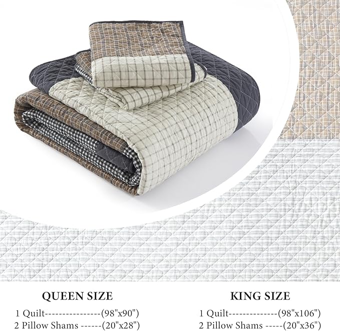 Uniclinens Quilt Set Queen Size, 100% Cotton Quilted Quilt Bedding Set Bedspread, Patchwork Plaid Quilt, Lightweight Quilted Comforter Set, 3 Pieces Set with 2 Pillowshams, Brown/Beige/Gray
