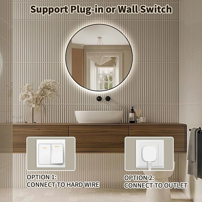 Niccy 32" LED Backlit Round Mirror for Bathroom, Black Framed Vanity Light Wall Mirror LED Smart Circle Mirrors with 3 Lighting Colors, Dimmable Lighted Mirror with Anti-Fog, IP65 Waterproof