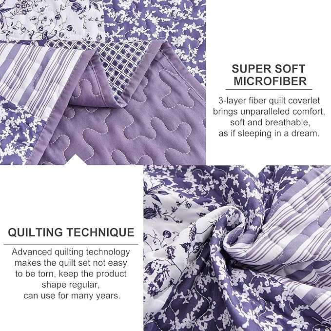 Mybedsoul Purple Quilt Set Full Size, 3 Pieces Plaid Floral Bedspread Set Patchwork Reversible Bedding Set Microfiber Lightweight Bedspread Coverlet Set for All Season 78"x90"