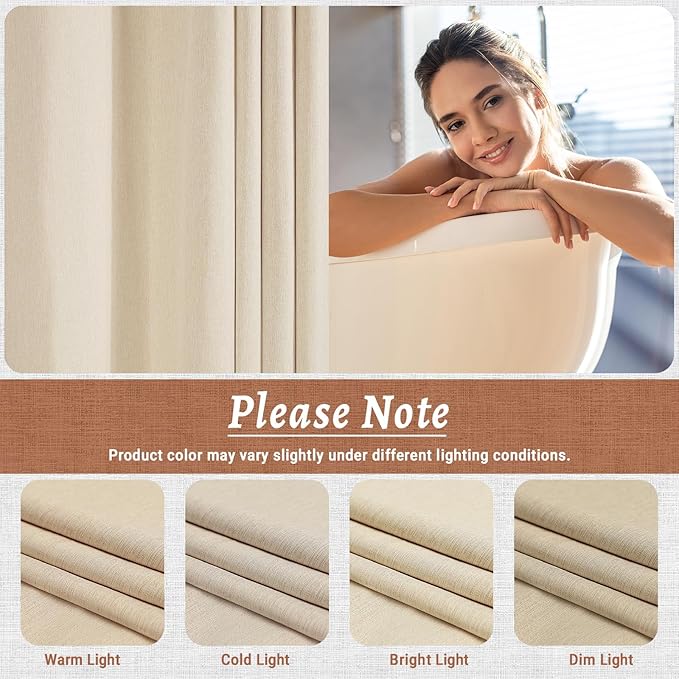 No Hook Cream Shower Curtain and Liner, Linen-Look Polyester Textured Shower Curtain with Snap in Liner, Waterproof & Washable Bath Curtains for Bathroom, 71Wx74H