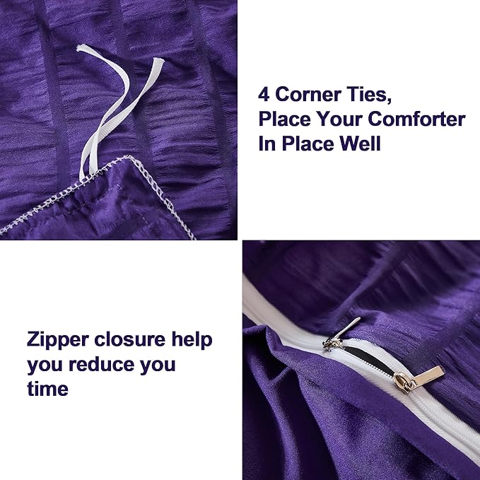 AveLom Seersucker Duvet Cover Set Queen Size (90 x 90 inches), 3 Pieces (1 Duvet Cover, 2 Pillow Cases), Dark Purple Ultra Soft Washed Microfiber, Textured Duvet Cover with Zipper Closure, Corner Ties