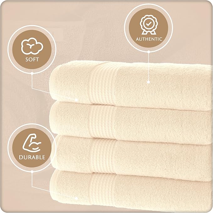 MAURA Basics Performance Bath Towels 100% Turkish Cotton with Hook Loops. Extra Large Luxury Absorbent Plush Towel Sets for Bathroom, Daily Use American Standard Size 27”x54”, Cream