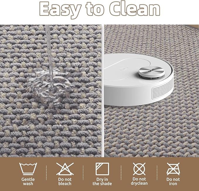 PADOOR-Bath Mat Runner-Super Absorbent Chenille Bathroom Mats-Rubber Backed Bath Mats for Bathroom Non Slip, Easy Clean Bathroom Runner Rugs Front of Bathtub,Shower Room,Sink-24×48, Grey&Beige