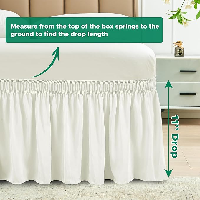 Biscaynebay Wrap Around Bed Skirts for Full & Full XL Beds 11" Short Drop, Ivory Adjustable Elastic Dust Ruffles Easy Fit Wrinkle Resistant Silky Luxurious Fabric Machine Washable