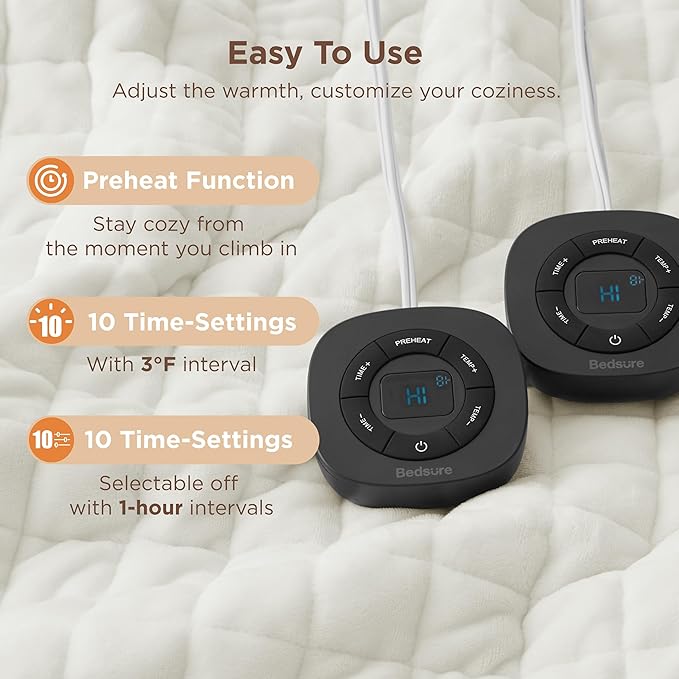 Bedsure Electric Blanket Queen Size - Quilted Winter Bedding of Thick Flannel, Dual Control Heated Blanket with 10 Heat & 10 Time Settings, Fast Heating for Cold Sleepers (84x90 inches, Ivory)