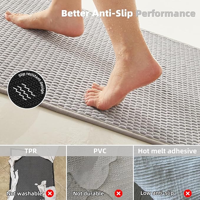 Bathroom Runner Rugs, Long Bath Mat Runner Washable Thin Quick Dry Low Pile Bathroom Runner Rugs Non Slip, Light Grey 16"x60"