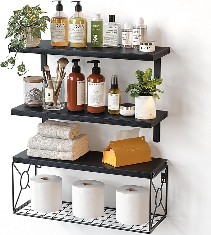 Amada Bathroom Shelves Over Toilet with Storage Basket, Floating Wall Shelves for Home Organization & Wall Decor, Bathroom/Kitchen/Living Room ShelvesBlack