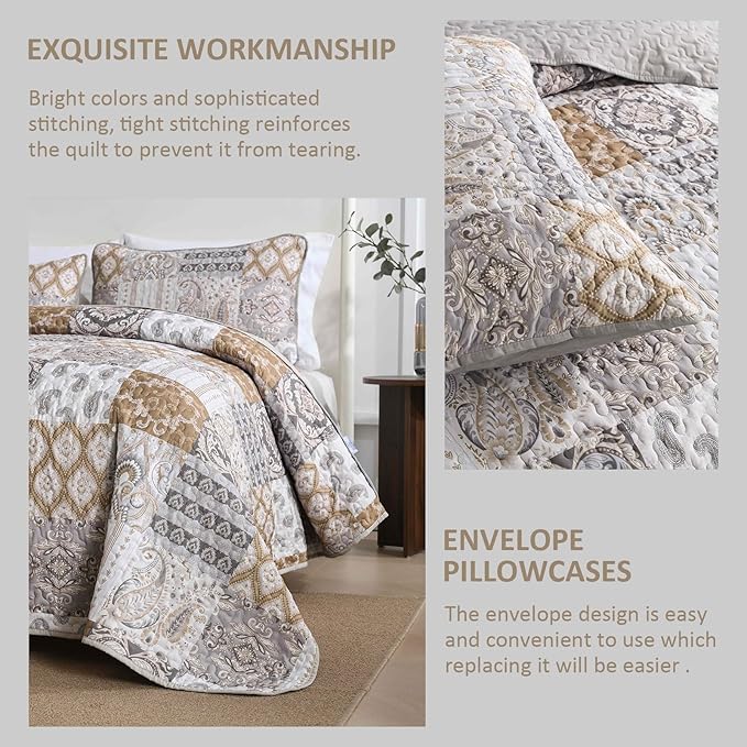 WONGS BEDDING Brown Quilt Set Queen Size, Patchwork Plaid Bedspread Bedding Sets Paisley Soft Microfiber Quilts for Queen Bed 3 Pieces Coverlet Set for All Season (96"x90")