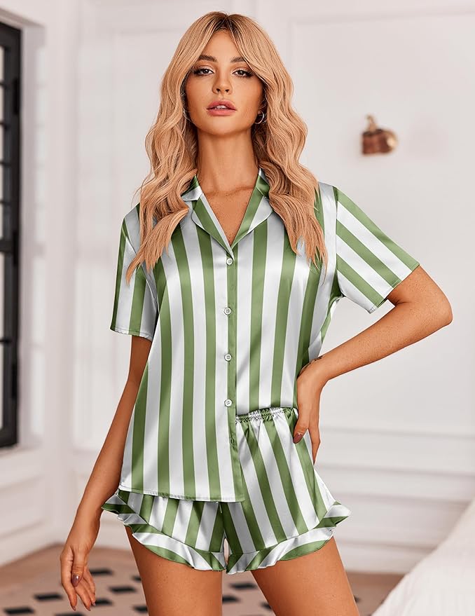 Ekouaer Womens Satin Pajamas Set Button Down 2 Piece Silk Pjs Shorts Set Ruffle Lingerie Notch Collar Sleepwear