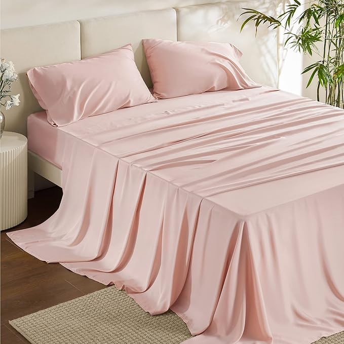 Bedsure Full Size Bed Sheets, Cooling Sheets, Rayon Derived from Bamboo, Breathable & Soft, Deep Pocket Up to 16 Inches, Hotel Luxury Silky Bedding for Hot Sleepers, Pink