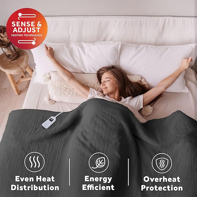Sunbeam Electric Royal Luxe Microplush Heated Blanket, 12 Heat Settings, 12-Hour Auto Shut-Off, Fast Heating, Warm & Cozy, Machine Washable, Night Fog Color, Full (84" x 72")