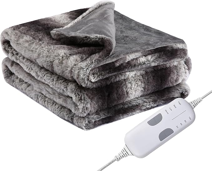 Electric Heated Blanket Throw Size 50" x 60", Super Cozy Warmth Soft with 4 Heating Levels & 4 Hours Auto Off, Plush Faux Fur, Machine Washable, Home Office Use, Gray White