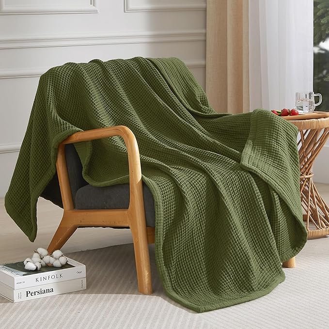 PHF 100% Cotton Waffle & Muslin Throw Blanket Large, Soft Breathable Luxury 400GSM Versatile Reversible Bedding for Couch, Great for Layering in Cold Weather, Home Decor Gift, 50" x 70", Olive Green