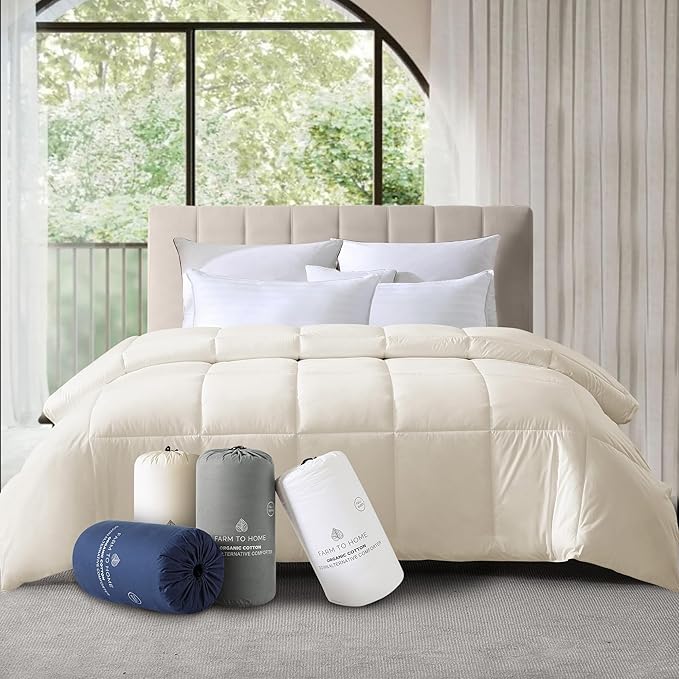 Farm to Home Down Alternative Comforter Queen Size Organic Cotton Duvet Insert Hotel Collection Hypoallergenic Machine Washable 98 x 90 for All Season