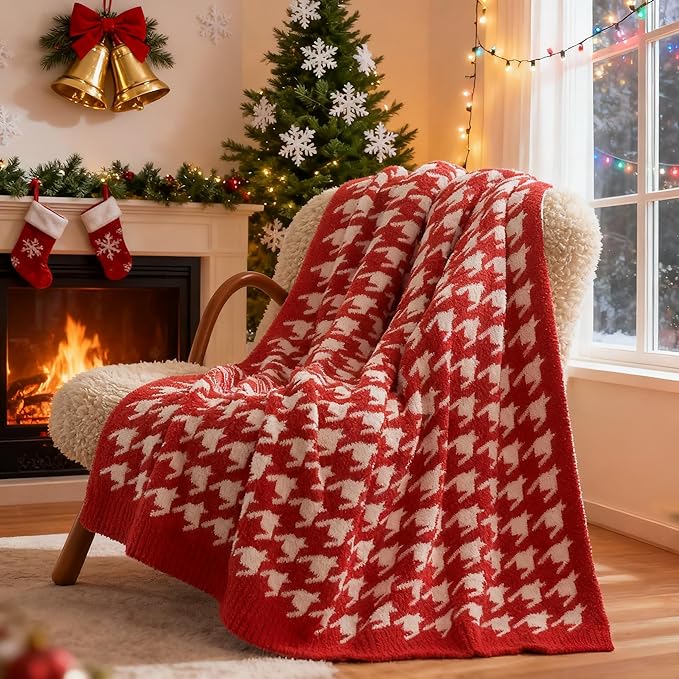 Snuggle Sac Christmas Throw Blanket - Soft Holiday Blanket for Couch, Gift for Family - Houndstooth Red, 50x60 Inches