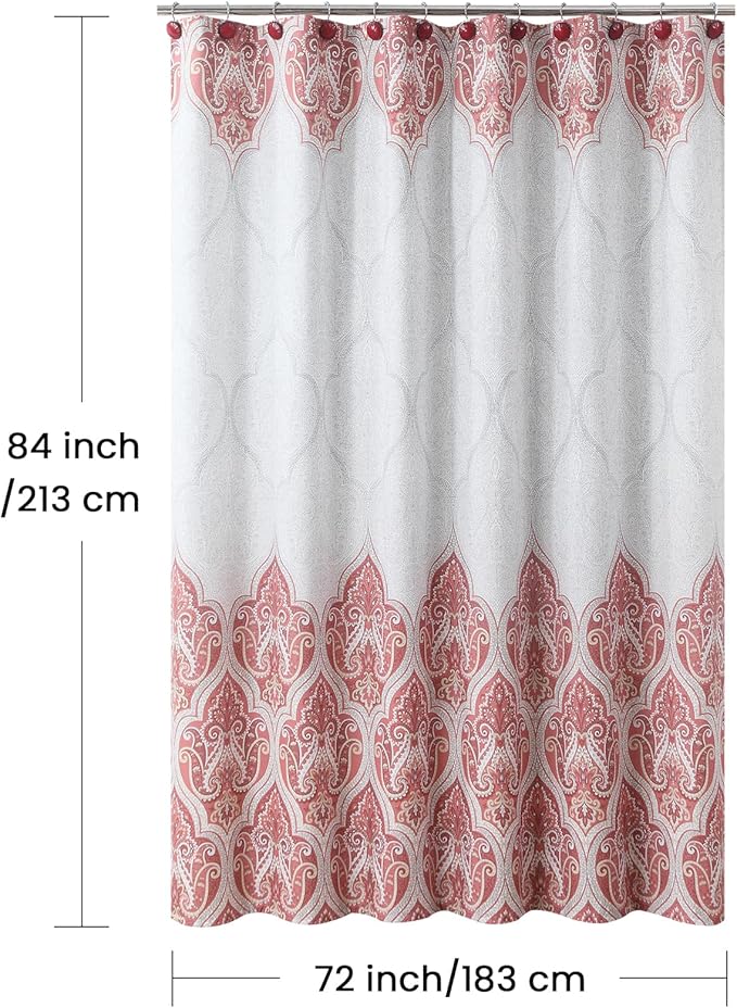 Extra Long Paisley Shower Curtain, Water Repellent Brushed Microfiber with Terracotta & Gray Bohemian Print, 12 Metal Grommets & Weighted Hem, 72x84 Inches