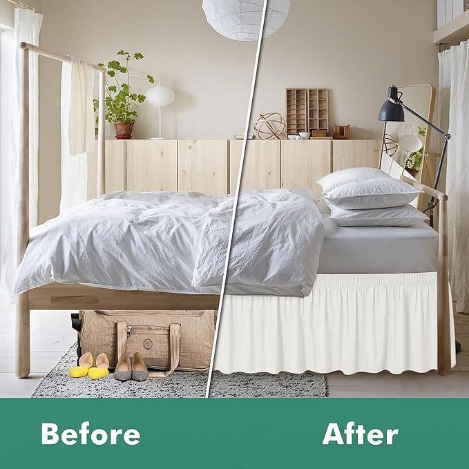 Biscaynebay Wrap Around Bed Skirts with Split Corners for Full Beds 18" Drop, Ivory Adjustable Elastic Dust Ruffles Easy Fit Wrinkle Resistant Silky Luxurious Fabric Machine Washable