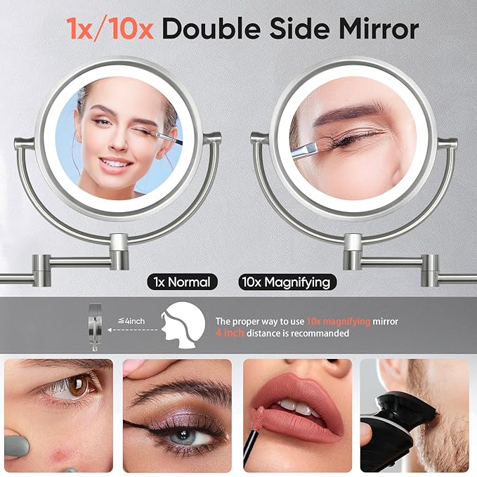 GURUN Wall Mounted Hardwired Makeup Mirror with 3 Dimmable LED Lights 10x Magnifying Mirror for Bathroom Touch Control 13" Extendable Arm Direct Wire Brushed Nickel M1809DN (10x,Nickel)