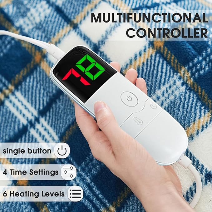 Electric Heated Blanket King Size, 90X100 Heating Blanket King With Dual Control&10 Heats Levels&Timer For Bed,Large Navy Blue Plaid Sherpa Blankets Warmer Gifts for Grandma Women Adults, Washable