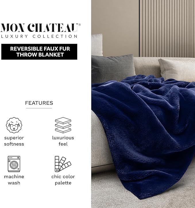 Mon Chateau 60" x 70" Embrace Foldover Faux Fur Throw, Plush Throw with 6cm Foldover for Couch, Sofa, or Bed, Ultra Soft Blanket for Sleeping or Home Decor, Midnight Tide